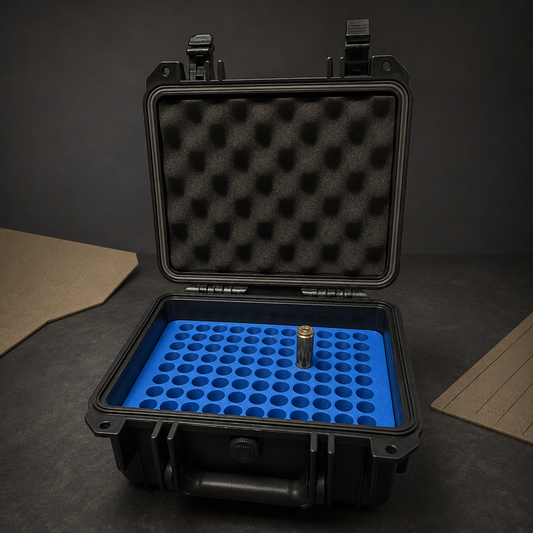 WarChest Big Bore black ammunition case with blue caliber-specific insert