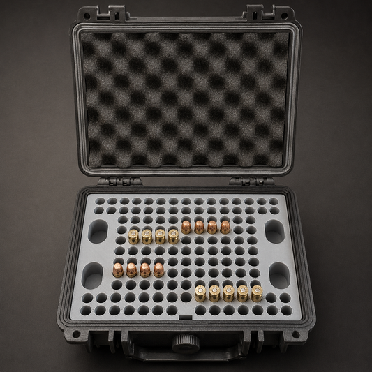 WarChest Pistolero open case with gray insert and handgun ammunition