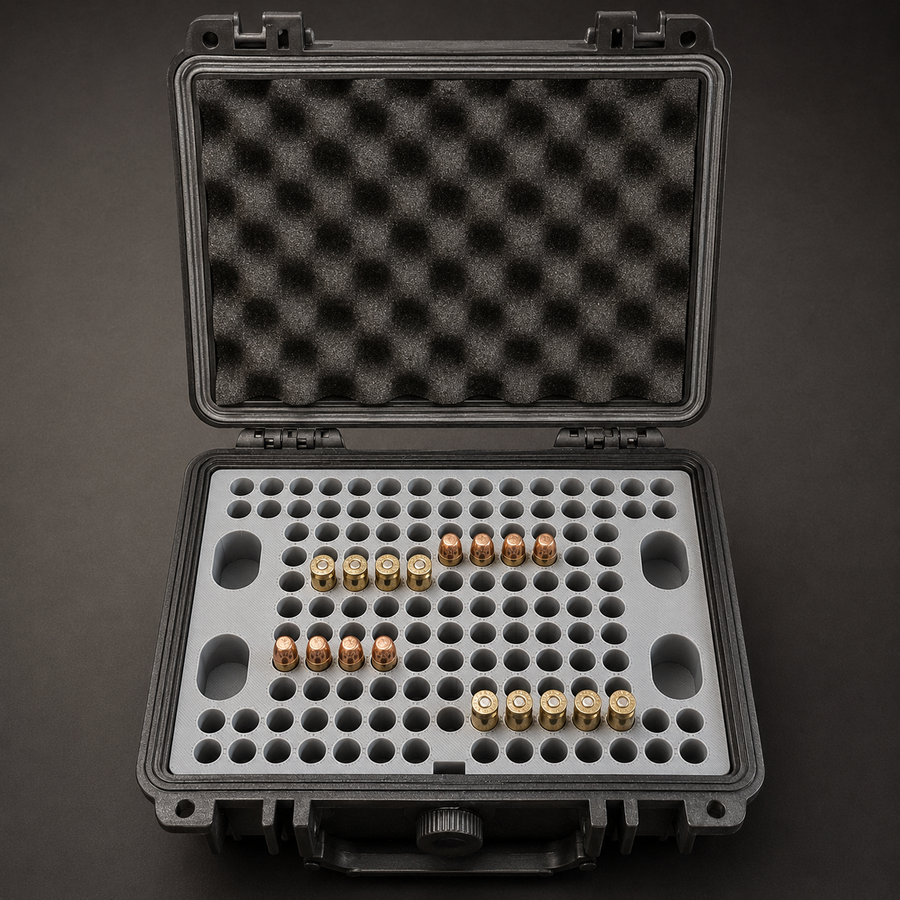 WarChest Pistolero open case with gray insert and handgun ammunition